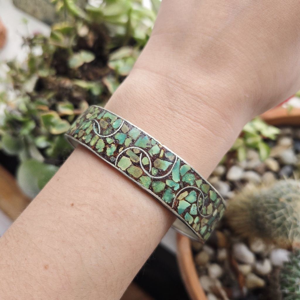 Vintage Silver & Inlaid Turquoise Chunky Bangle Bracelet